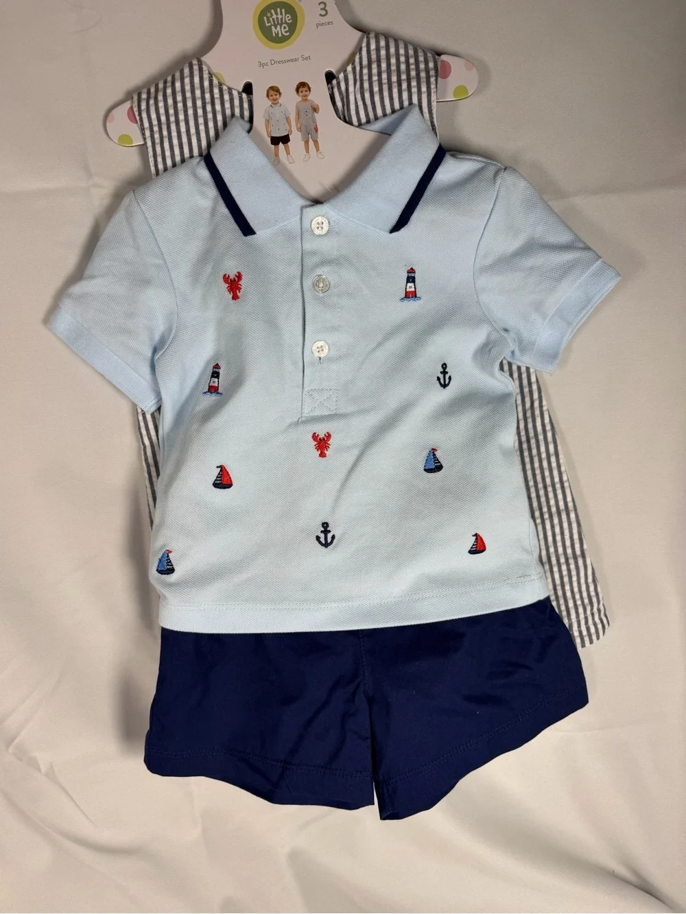 Little Me Blue & White Striped Baby Romper with Red Crab